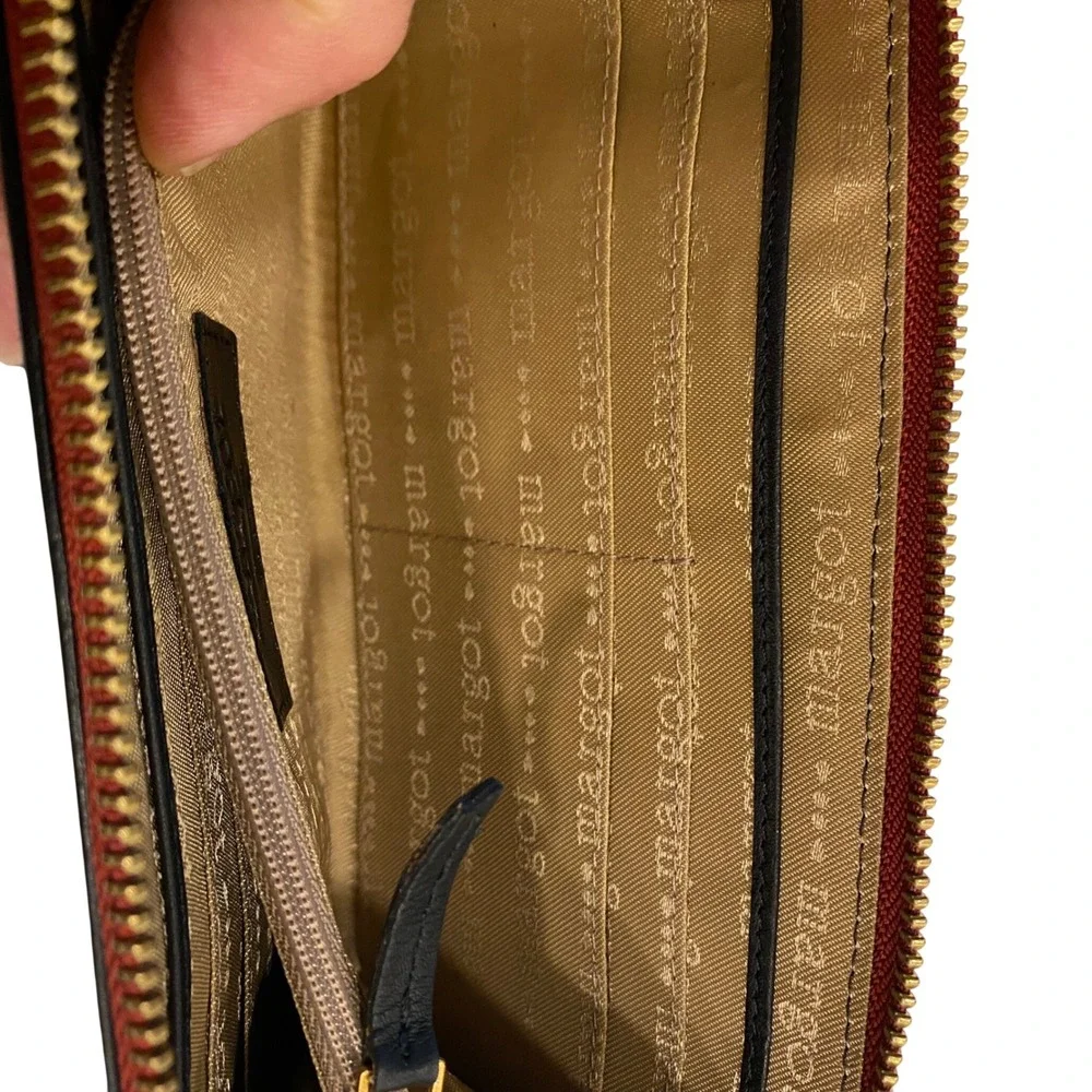 Margot New York Black Leather Wristlet Wallet Red Blue Stripe Gold Hardware EUC